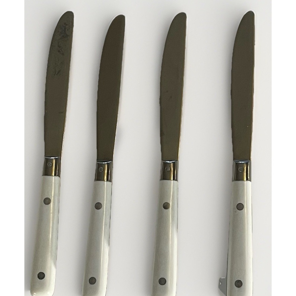 4 Carnival White‎ Handle Dinner Knives Stainless Flatware Korea 3 Rivets